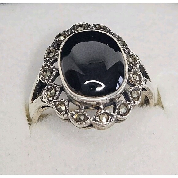 Vintage Art Deco Style Sterling Silver Black Oval Onyx Ring Size 7, Ornate - Picture 6 of 10